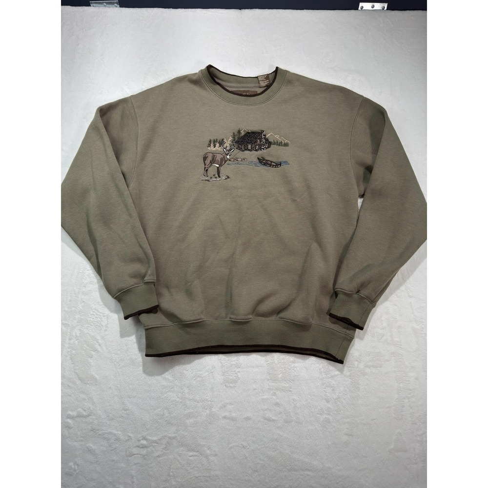 Woodland Trail Sweatshirt Mens XL Green Fleece Crew Neck Deer Cabin Graphic